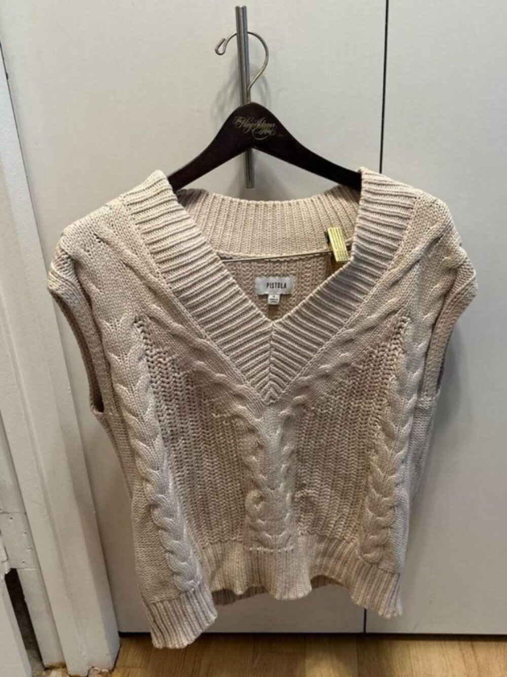 PISTOLA Kiran Cotton Heavyweight Cable Knit V-Neck Sweater Vest in Dove Cream Si
